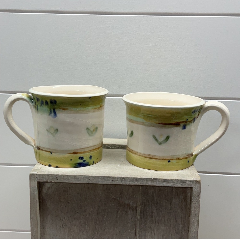 Studio Pottery Hand Painted Mugs Set of 2 Green Cream Blue Floral Artisan Signed